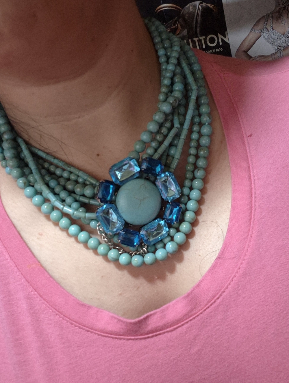 STUNNING!! Vintage Aqua Blue Gem Flower Brooch with Multi Strand Neclace